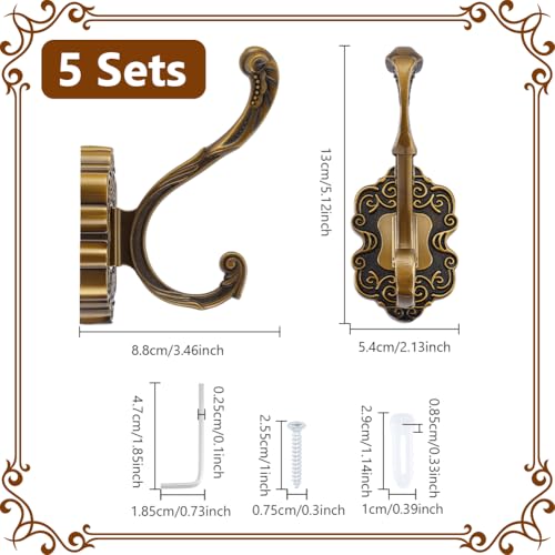 5 st vintage kapstok haken muurbeugel, aluminium antieke bronzen muur haken zware retro decoratieve ophanging voor portemonnee hoed sleutels kleding gordijn badkamer badkamer douchekast