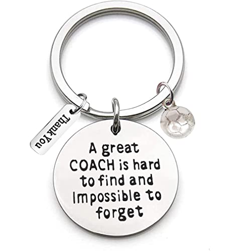 Stainless Steel Keyring met graveren "Een grote coach is moeilijk te vinden en onmogelijk te vergeten" en Voetbal Ornament Key Ring Teacher Coach Keychain Gift voor lerarendag, zilver, M, zilver