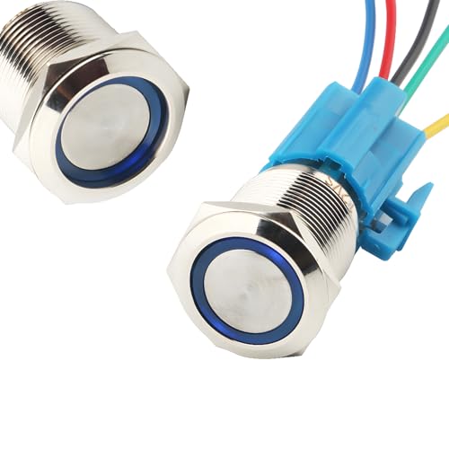 LED verlichte drukknop, zelfvergrendelende drukknop, IP67 LED-knop, LED-duwknop voor auto met 23cm kabelset voor 19mm 3/4 inch bevestigingsgat, 12V vermogen (blauw)