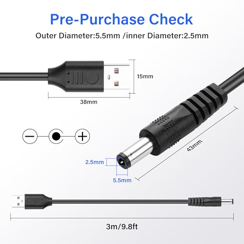 USB naar DC 5.5 x 2.5mm Power Cord 5V/12V 3a 10ft, 2sts 5.5mm Barrel Laadkabel voor laptops/Security Systems/LED Strips/Router