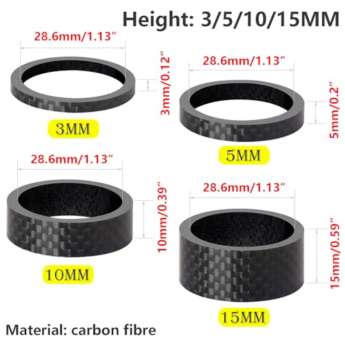 4 stuks fietsheadset Spacers Fiets Stam Spacer zonder draad koolstofvezel 1-1/8 Inch Spacers voor MTB Road Bike Voice, 3mm/5mm/10mm/15mm