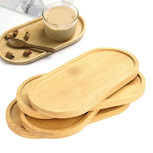 4 st Bamboe Trays, Oval Hout Trays, Small Ronde Bamboe Tray, Houten Serveerplank, Solid Bamboe Tray voor Thee, Koffie, Cake, Onderzetter voor Beker, Succulent, Bloem Plant