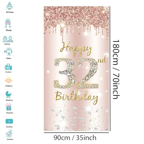 32e verjaardag decoratie vrouwen, gelukkig 32e verjaardag deur Banner Rose Gold,32e Verjaardagsstof Gebarenposter deur decoratie,32e verjaardag achtergrond Banner Dames,Birthday Party Welkom Teken