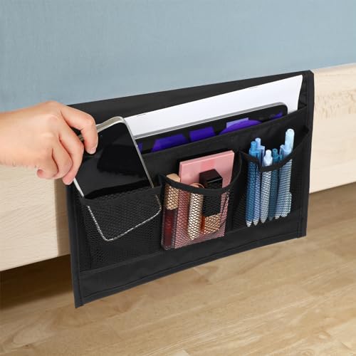 Bedside Storage Bag 4 Zakken, Bed Caddy, Oxford Kleding, Bedside Organizer, Bank, Bedside Table, Opknoping houder, Bed Plank, Pouch voor glazen, Boeken, Tablets, TV afstandsbediening (4 Zakken 3