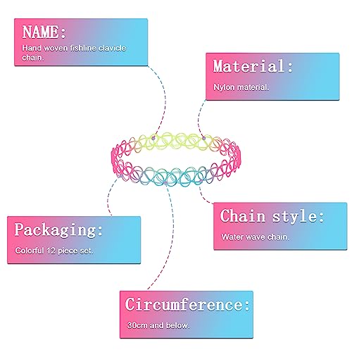 12Stuks Tattoo Ketting Choker, Kleurrijke Tattoo Kettingen Set Cute Flower Kettingen 90s Style Rainbow Elastische Choker Ketting voor Vrouwen Meisjes, 1.3mm pvc