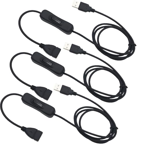 3 x USB-uitbreidingskabel met aan/uit-schakelaar Compatibel met stuurprogramma's LED-desklamp, USB-fan, LED-strips (1m, zwart)
