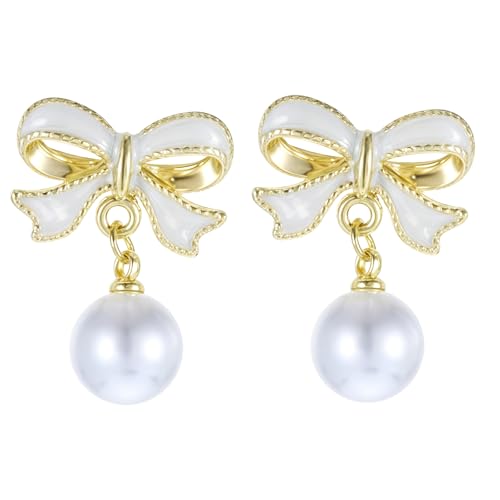 Parel oorbellen met strik, parel oorbellen boog oorbellen oorbellen, boog oorbellen voor vrouwen, parkle boeg parels oorbellen voor sieraden accessoires geschenken, zinklegering,resin, zinklegering, hars