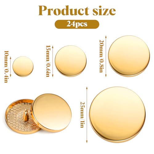 24 Stuks Metal Flat Gold Buttons - 10mm 15mm 20mm 25mm Jeans Buttons - Ronde Gevormde Knoppen voor Overhemd, Suit, Pants en Jassen 4