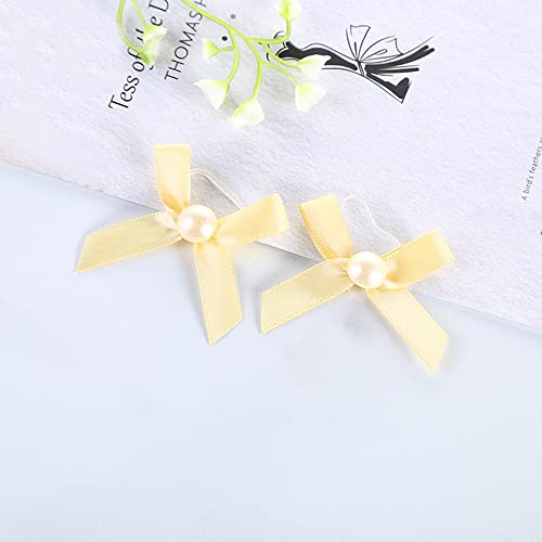 Verpakking van 100 Pearl Bows, Kleine Linten met Transparante Elastische Band, Gift Ribbon, Satin Bow voor Cadeau Wrapping, Bruiloft, Parfum Fles, Fles Decoratie (Goud)