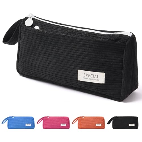Corduroy Pencil Case, grote capaciteit Pencil Case, Stijlvol Eenvoudige Pencil Case met rits en handvat, Make-up Bag, Stationery Pouch voor tieners Jongens Meisjes School, Black, Corduroy