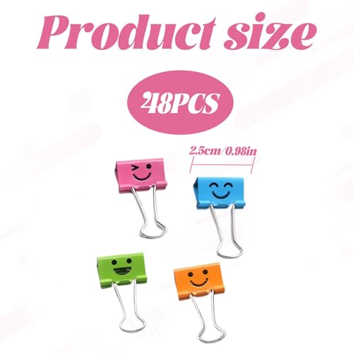 48 stuks Vouwrug Pegs, 25mm Paper Clips met Doos, Glimlach Clips, Metaal Paper Clips, Bindende Clips, Metalen Klemmen voor Notes, Organiseren, Divisie - Houdt 110 vellen papier