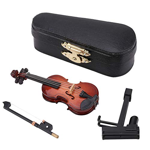 8cm hoogte mini miniatuur viool houten instrument model met stand, boog en geschenk doos mini muziekinstrument miniatuur poppenhuis model hoofd decoratie 5