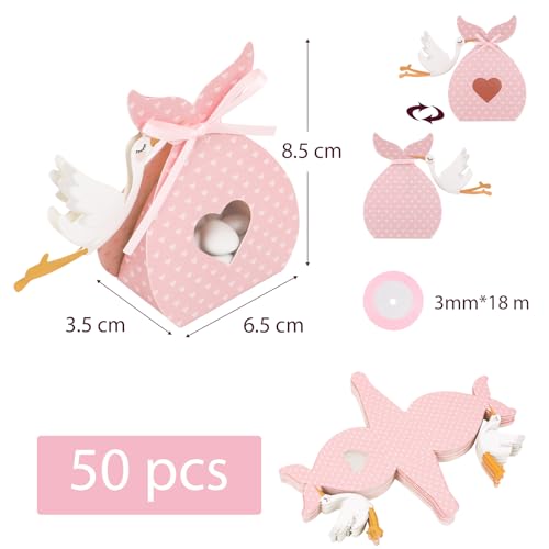 Verpakking van 50 Holk Cadeaudozen voor Geboortemeisjes - Pink Stork Cadeaudoosje met lint Cadeauverpakking Decoratie voor Party, Geboorte, Doop, Verjaardag, Meisje