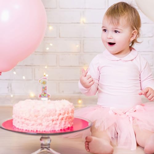 Roze verjaardag Kaars met Digital 1, 7.3cm Schattig Daisy Pastel Macaron Glossy Eerste verjaardag Kaars Een Cake Topper Decoratie voor meisjes Vrouwen Eerste verjaardagen Anniversary 5