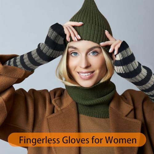 Vingerloze handschoenen Vrouwen thermische mode lange vingerloze handwarmers Zwarte Grijze Warm Gebreide Winterhandschoenen met Duimgaten voor Vrouwen Meisjes Wit Zwart One Size, wit en zwart