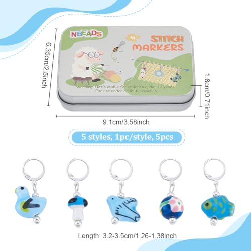 5Stuks 5 Styles Porselein Stitch Markers, Blue Series Breien Sloting Hook Stitch Markering met Leverback oorbellen voor het breien haak Quilting sieraden maken