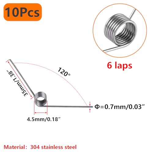 Pak van 10 304 Roestvrij stalen torsieveren, Draad Diameter 0,7 mm, 6 Rotaties x 120° V Vorm, Buitendiameter 4,5 mm, voor Reparatie Projecten