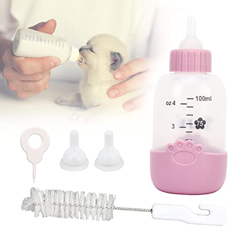 Pet Milk Feeding Bottle Kit voor Puppy Cat, 100Ml Universal Paw Pattern Siliconen Feeding Bottle with Clear Scale (Roze) 4