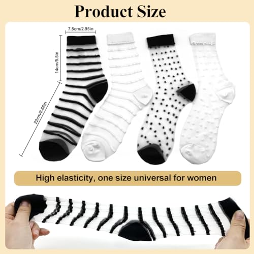 Pure Sokken, 4 paar ademende dunne sokken met gestreepte punten Ruffle Sokken Mesh Summer Enkelsokken voor vrouwen -zwart, wit, wit, zwart, 37-40 EU, wit, zwart 4