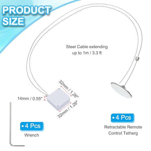 3,3 Ft intrekbare afstandsbediening Tether, 4 stuks vierkante beveiligingskabel sleutelkoordslot pauze stijl met verstelbare sluiting ligm voor tv-afstandbediening, wit (ronde IJzeren dop)