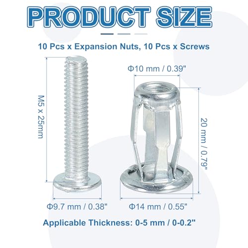 Uitbreiding Schroefmoeren M5 x 25 mm, 10 stuks Jack Groove Carbon Steel Petal Shape Rivets Invoegen Nuts Plug-in Noten bevestigende elementen met schroeven Holle wandbevestiging Dun