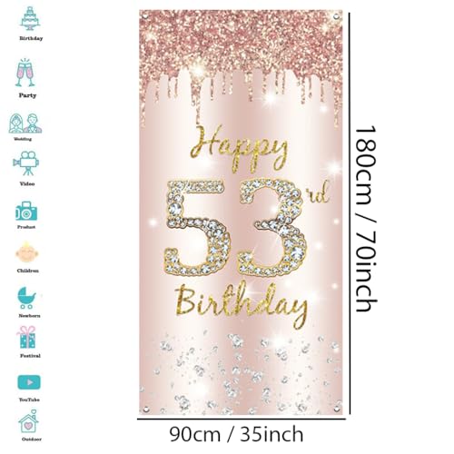 53e verjaardag Decoratie Vrouwen, Gelukkig 53e verjaardag Deur Banner Rose Gold,53e Verjaardagsstof Gebarenposter Deur Decoratie,53e verjaardag achtergrond Banner Dames,Birthday Party Welkom Teken 3