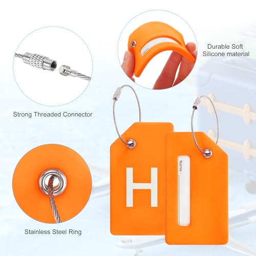 Initial Bagage Tags, 2 stuks Siliconen geval Tag ID kaarthouder Unieke Bagage Naam Tags met roestvrij stalen lus, brief H, oranje 4