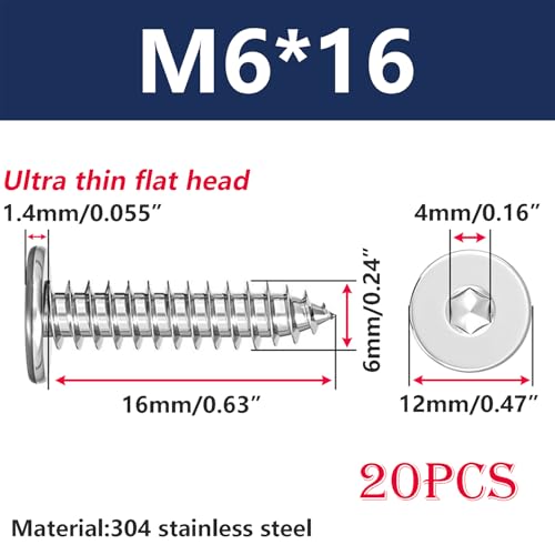 20 st. Dun Hexagon Zelftappende Schroeven 304 Roestvrij staal Dunne Hout Schroeven Plat hoofd Hout Schroeven voor houten meubelen M6 x 16mm