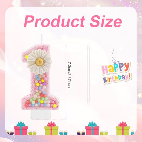 Roze verjaardag Kaars met Digital 1, 7.3cm Schattig Daisy Pastel Macaron Glossy Eerste verjaardag Kaars Een Cake Topper Decoratie voor meisjes Vrouwen Eerste verjaardagen Anniversary