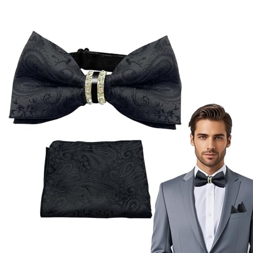 Bow Tie Pocket Square Set voor mannen Zwarte Tie en Pocket Square Set met cadeaudoos Double Layer Verhoogd patroon Voorgevormde Bows 2-Piece, zwart