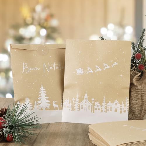 50 stuks papier zakken Kerstmis - 13 x 18 cm kerstzakken met Italiaanse motieven - kraftpapier cadeauzakjes Kerstmis - adventskalenderzakjes om te vullen met cadeaustickers 4