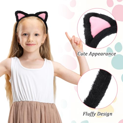 2PCS Kattenoorn hoofdbanden zwart & wit pluche zacht wasgezicht Kitten hoofdband, roze binnenoren Fuzzy make-up haarband accessoires voor masker huidverzorging spa Yoga volwassenen 3