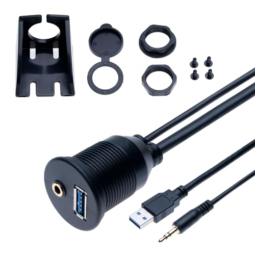 USB 3.0 Inbouwkabel 3.5mm AUX-uitbreidingskabel 1m - Vrouwelijke Dash Panel Waterdichte Code voor Auto, Fiets, Motorfiets, Boot, Vrachtwagen Trailer (1m)