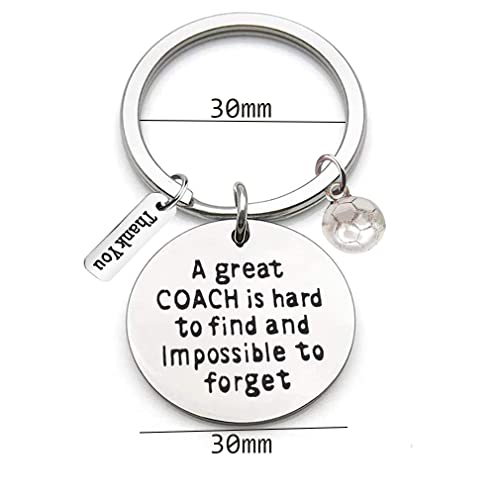 Stainless Steel Keyring met graveren "Een grote coach is moeilijk te vinden en onmogelijk te vergeten" en Voetbal Ornament Key Ring Teacher Coach Keychain Gift voor lerarendag, zilver, M, zilver