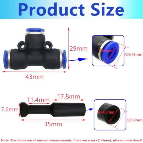 42 st Pneumatische Accessoires Kit, Push-in Connector Kit Inclusief T Type Quick Couplings, Push-in Fitting Choke Plugs, Geschikt voor 8mm Pneumatische Gereedschappen