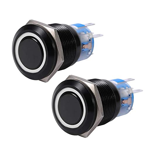 LED-duwknop, 19mm 12V-24V metalen LED aan/uit Zelfvergrendelende drukknop Waterdichte 12V-schakelaar Drukknop (2 stuks, wit)