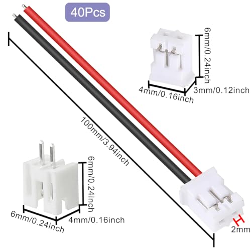 40 stuks JST 2.0 PH 2-pins mannelijke connector met 10 cm kabel en vrouwelijke micro JST PH 2.0mm 2-pins connectorplug voor verticale quadcopter boot auto speelgoed PCB-bedieningspaneel