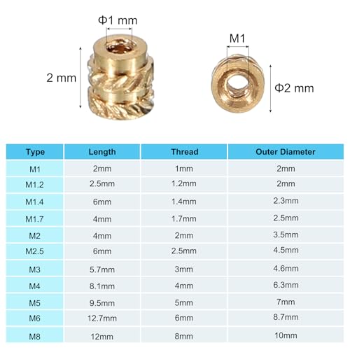 M1 x 2 x 2mm Messing draad invoegen, 50 st Metrische geknoopte noten, warmteset invoegen voor kunststof 3D-drukcomponenten 5