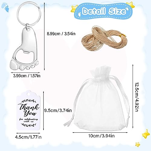 Baby Douche Flesopener, 24 Sets Baby voetafdruk Keychain Party Supplies met Organza Tassen Bedankt Labels Touw voor Baby Douche Party 4