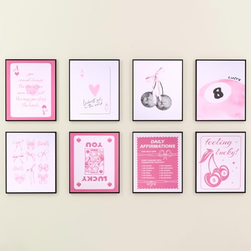 8Stuks Roze Preppy Wanddecoraties, 20x25cm Frameless Coquette Room Decoratie Esthetische Bow Disco Ball Cherry Decoratieve Posters voor meisjes kamer slaapzaal (8 stijlen) 3