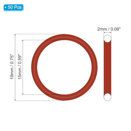 O-Ring Siliconen 19mm OD 15mm ID 2mm Breedte, 50st Metric Seal Vmq vervanging voor reparatie ventielen hydraulische compressor, rood