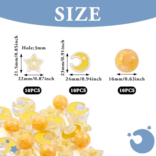 30 st Ster en Maan Acryl kralen Ronde met Star Glitter Acryl kralen Ronde en Maan kralen Grote Hole Star Spacer kralen voor DIY armband oorbellen maken, Geel 4