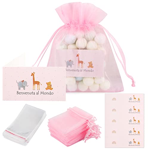 50 stuks Organza Tassen met 50 Benvenuto Cadeau Hangers en 100 Plastic Tassen voor Cadeauverpakking (Roze)