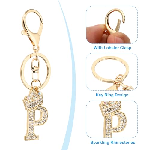 Initial Letter Keychain, 2 stuks, Letter P Crown Design, Crystal Diamond Charm, Decoratieve Alfabet Hangers voor Bag, Rugzak, DIY Craft, Goud/Zilver, Goud/Zilver, Goud/Zilver 4