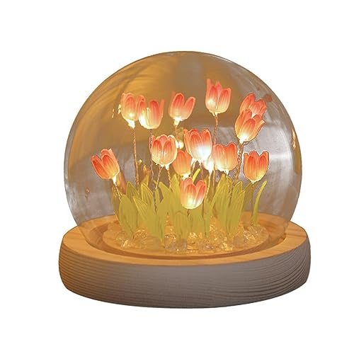 Tulip Night Light, Mini Tulip Flower Light DIY Handgemaakte Lamp, Verstelbare Helderheid Simulatie Bloem Atmosfeer Decoratie Slaaptafel Lamp (Glas, samengesteld hout)