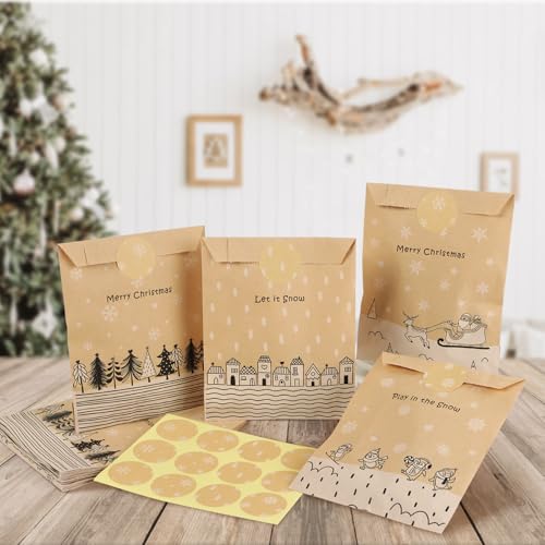 48 stuks kerstzakjes, adventskalender, Kerstmis, om te vullen, cadeauzakjes, Kerstmis, kraftpapier, stickers, etikken, Kerstmis, gastgeschenken voor snoep, geschenken (wit en zwart)