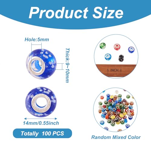 100 st. Glow in The Dark Beads Handgemaakt Lichtgevende Lampwerk Glass European Large Hole Beads Snake Ketting Slider Bedels met Messing Dubbele Kern voor sieraden maken Gat: 5mm gemengde kleuren 4