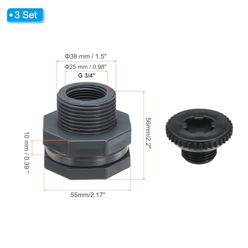 PVC Bulkkop Past met Plug G 3/4, 3 stuks Dubbele Threaded Bulkhead Water Tank Connector met PVC Afdichting pakking voor Rain Bucket, Spoelen, Aquariums, Grijs
