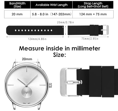 Pakket van 2 Siliconen horlogebandjes, 20mm Siliconen horlogebandjes met Quick Release Band, Siliconen horlogebandjes met Zwarte of Zilveren Roestvrij stalen riem
