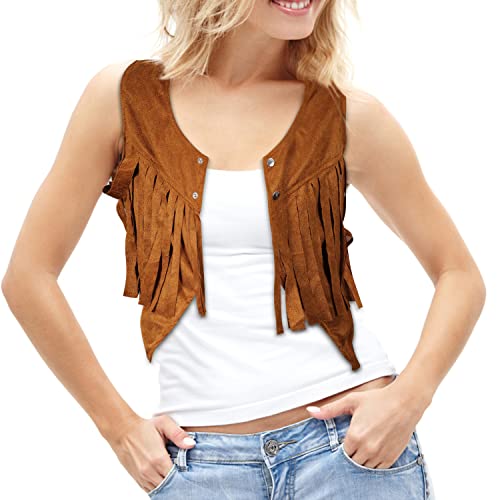 Soft Cowgirl Fringe Vest - Sleeveless Cropped Jacket met Tassels, Bruin Hippie kostuum 70s Stijl voor vrouwen (L), l 5